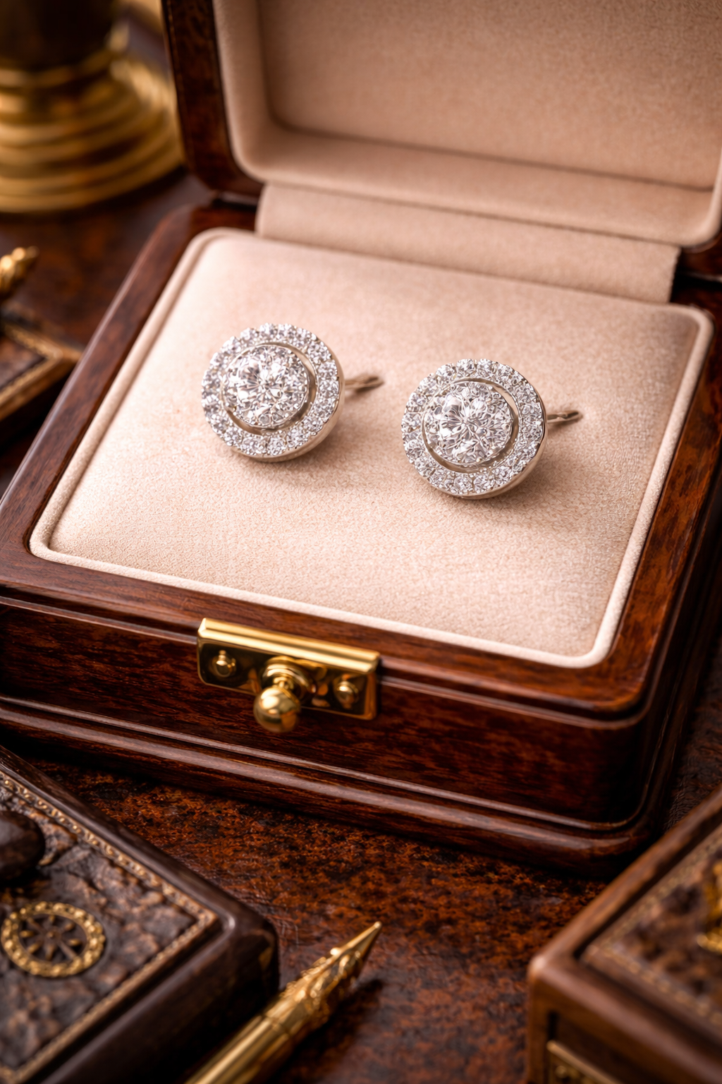 Silver-tone round halo stud earrings with clear cubic zirconia