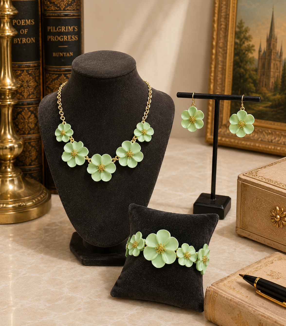 Mint green flower necklace, earrings and bracelet set with gold-tone accents