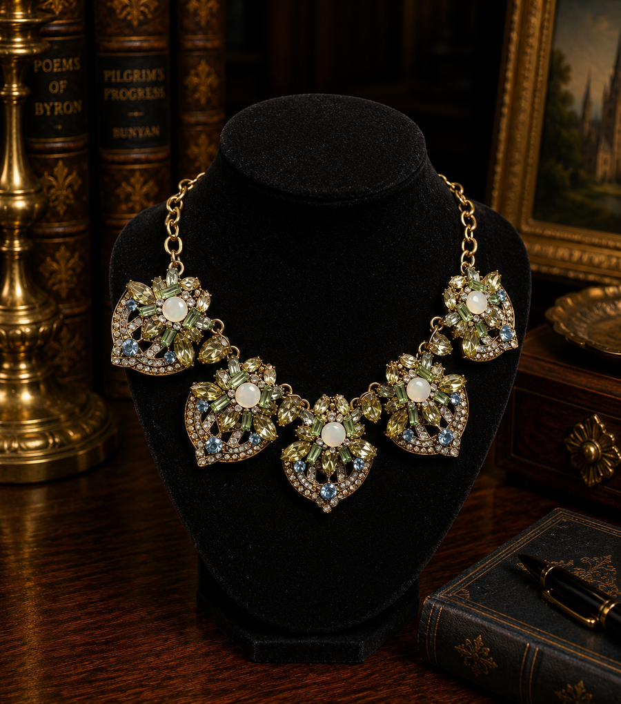 Signed Aido gold-tone floral statement necklace with clear and pale blue crystals