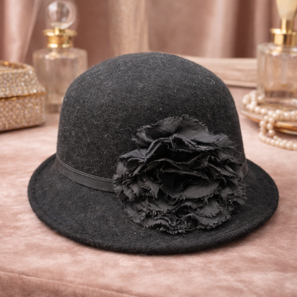 Black felt cloche hat with layered flower accent