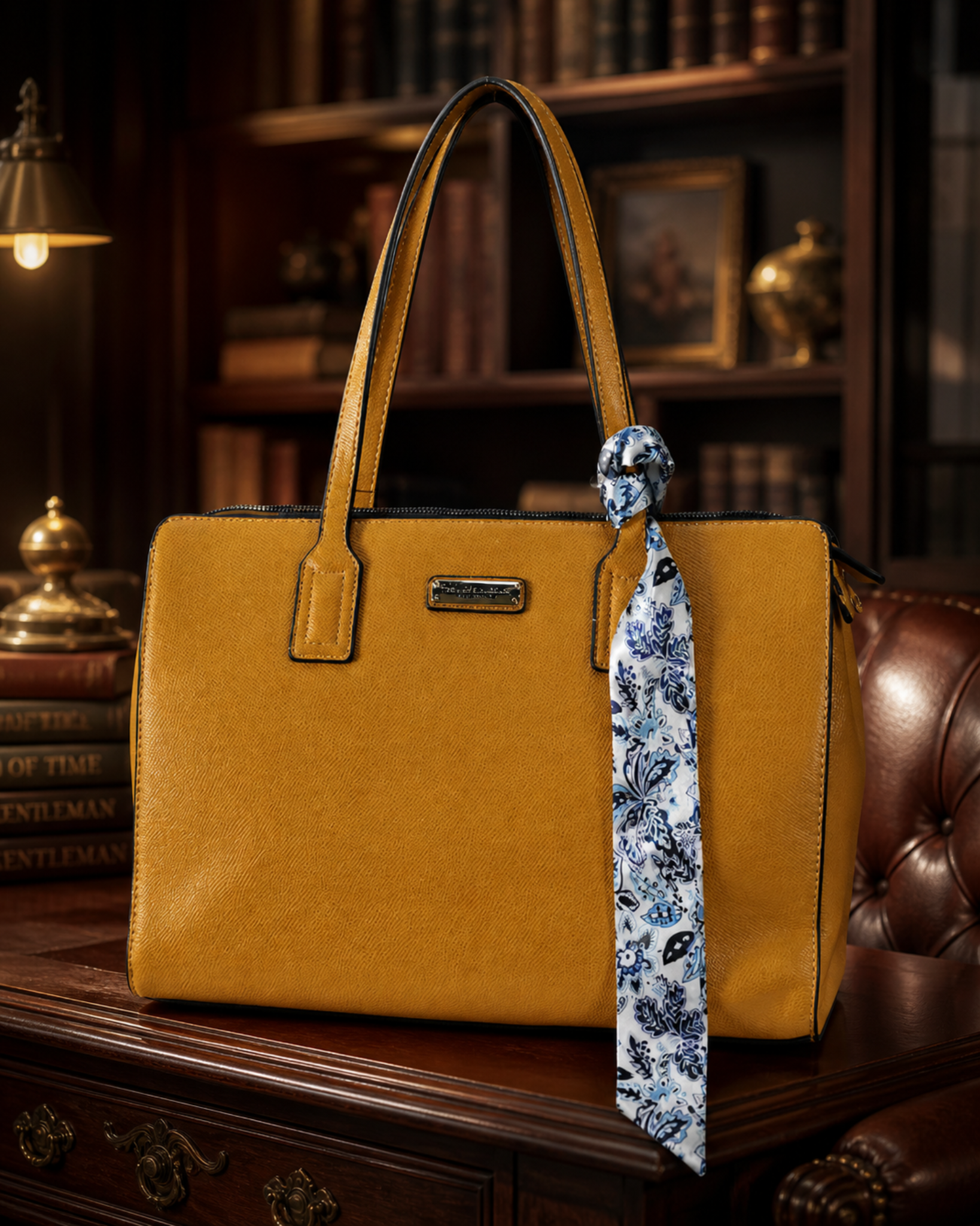 London Fog Golden Yellow Structured Satchel Tote with Scarf Accent