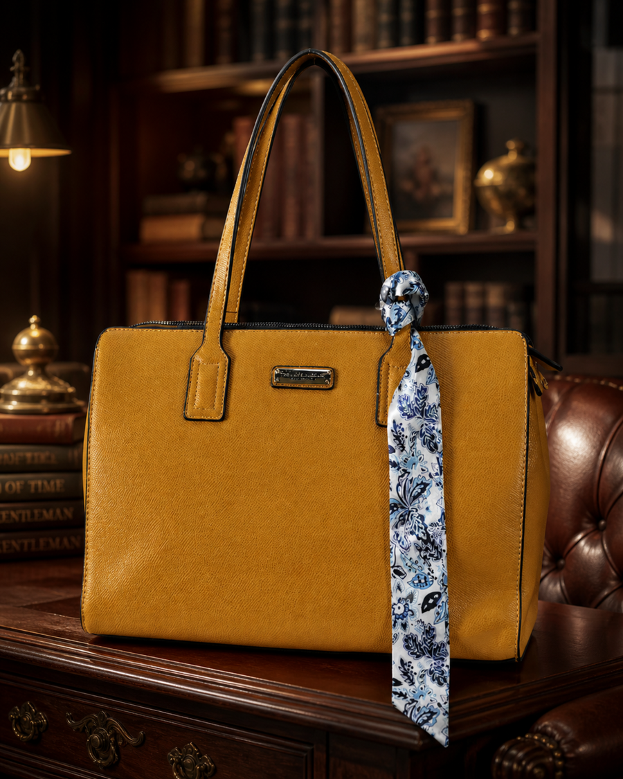 London Fog golden yellow structured satchel tote with scarf accent, new with tags