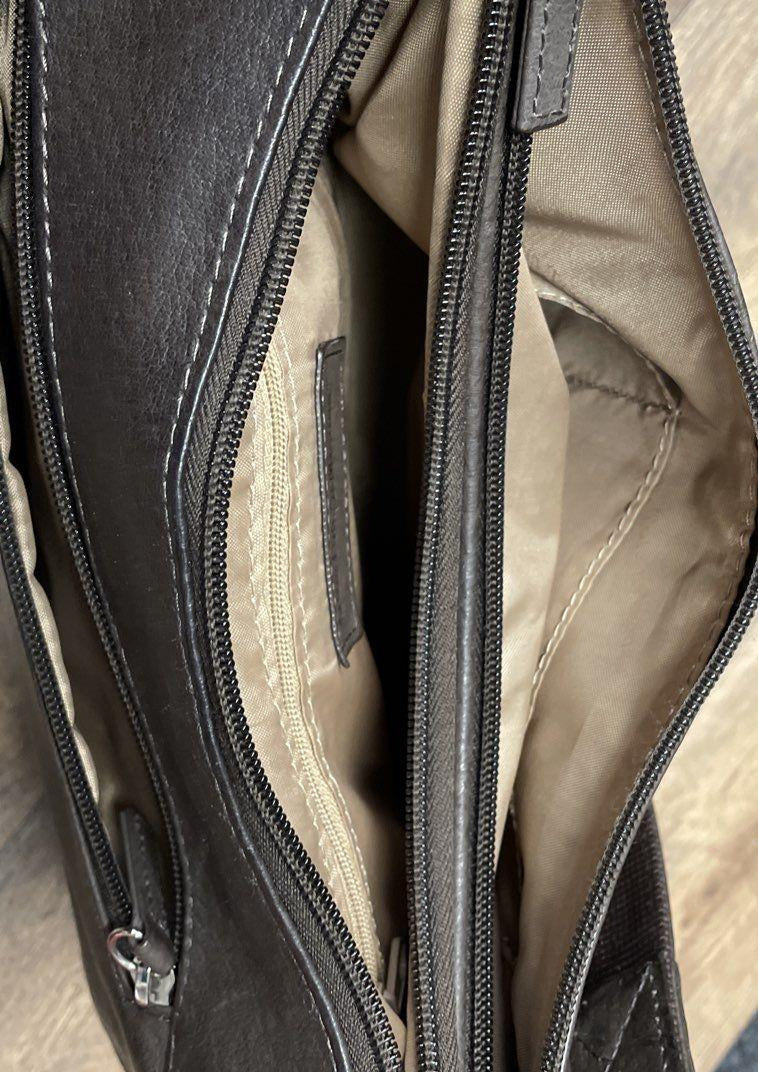 Brown leather concealed carry shoulder crossbody bag with multiple zip compartments, view 2