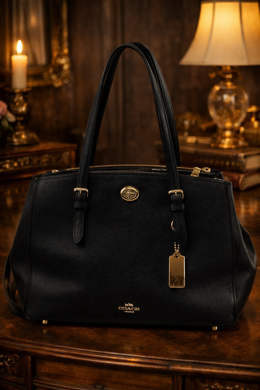 Black pebbled leather carryall tote with turn-lock closure and gold-tone hardware