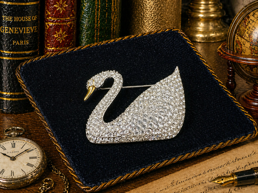 Signed Swarovski swan brooch set with clear crystals and gold-tone beak