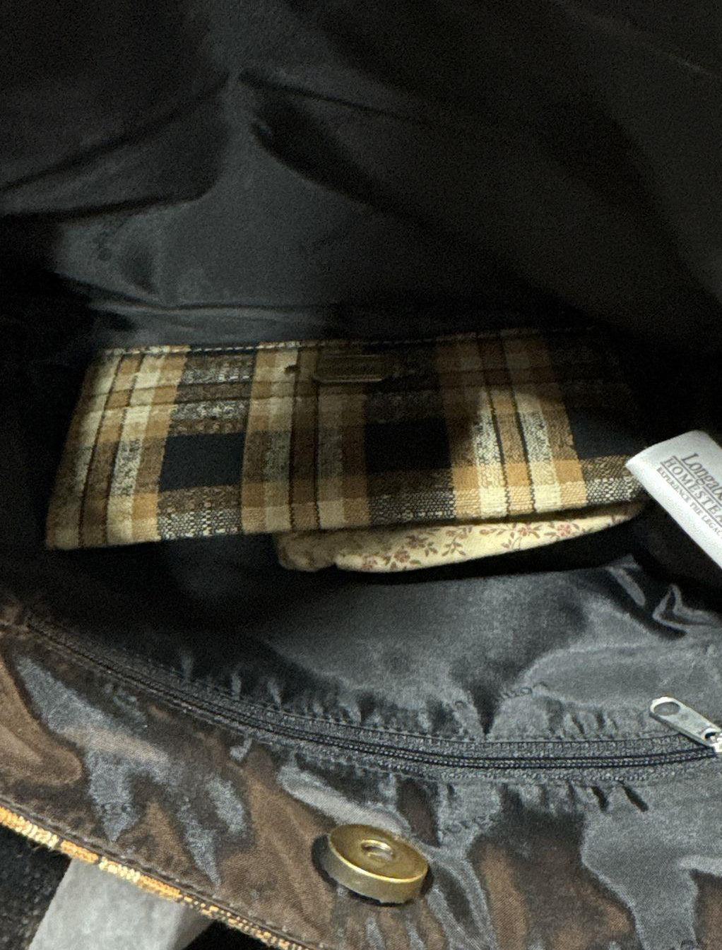 Longaberger brown plaid Homestead fabric tote with black handles, matching wallet and pouch, view 8