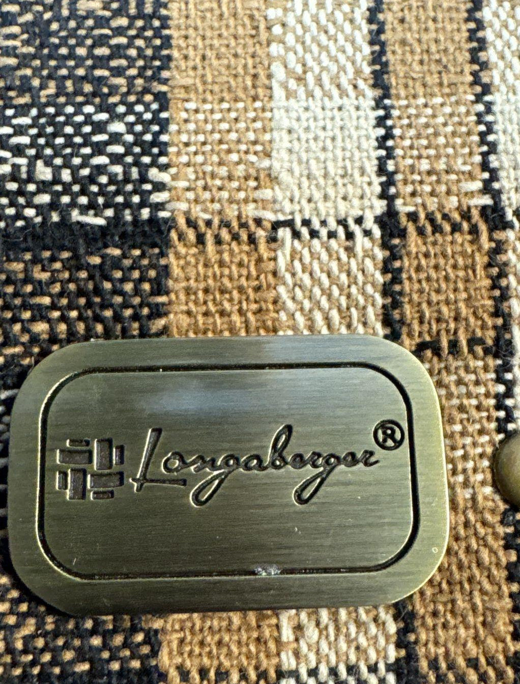 Longaberger brown plaid Homestead fabric tote with black handles, matching wallet and pouch, view 3