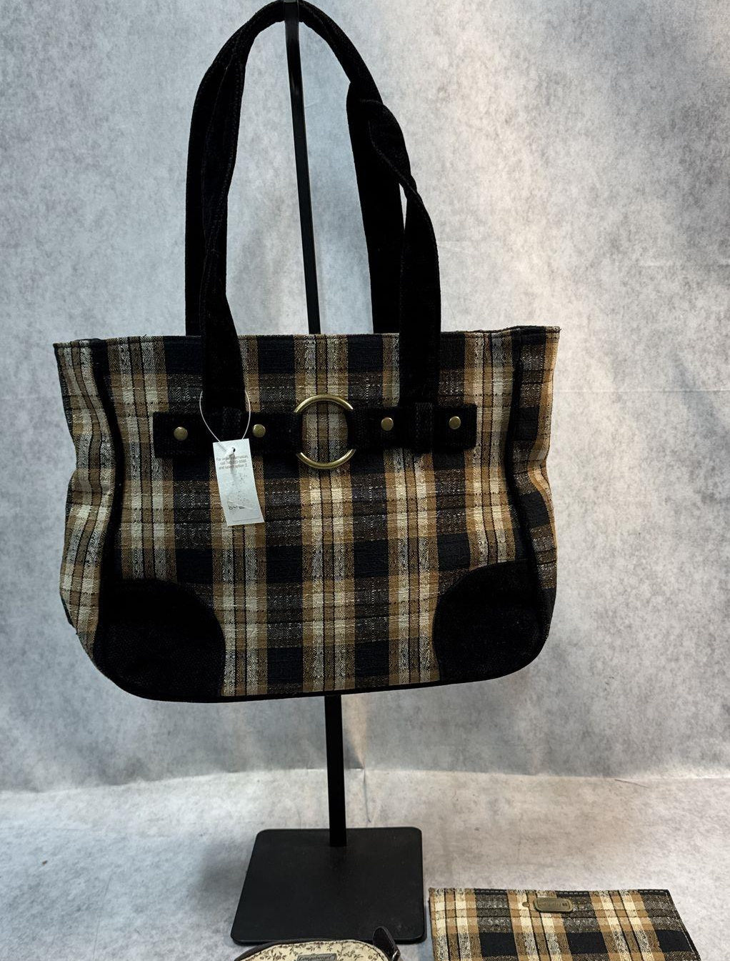 Longaberger brown plaid Homestead fabric tote with black handles, matching wallet and pouch, view 5