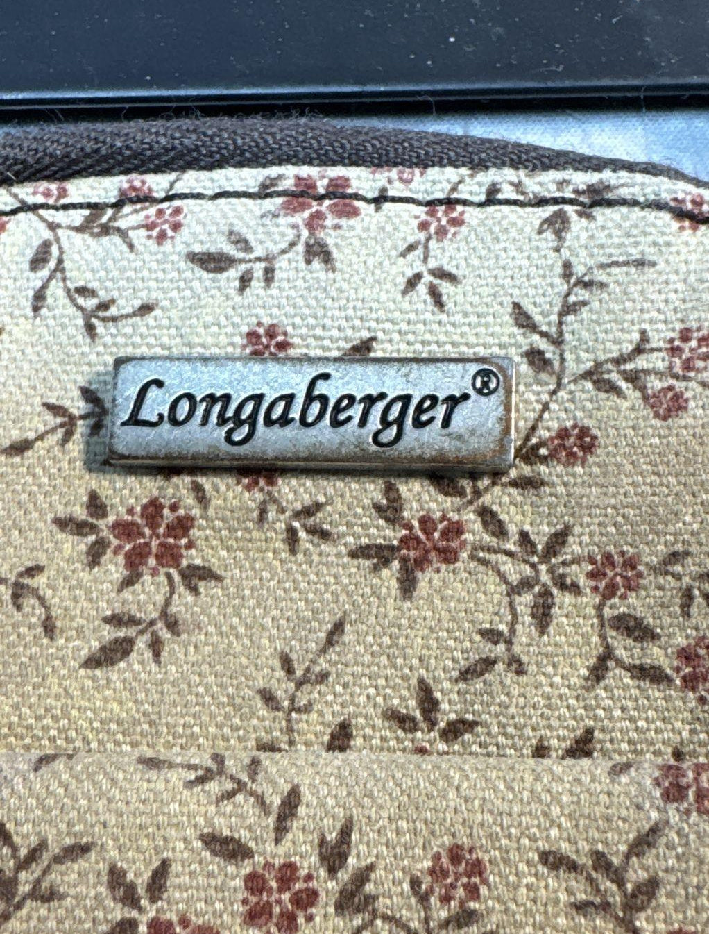 Longaberger brown plaid Homestead fabric tote with black handles, matching wallet and pouch, view 6