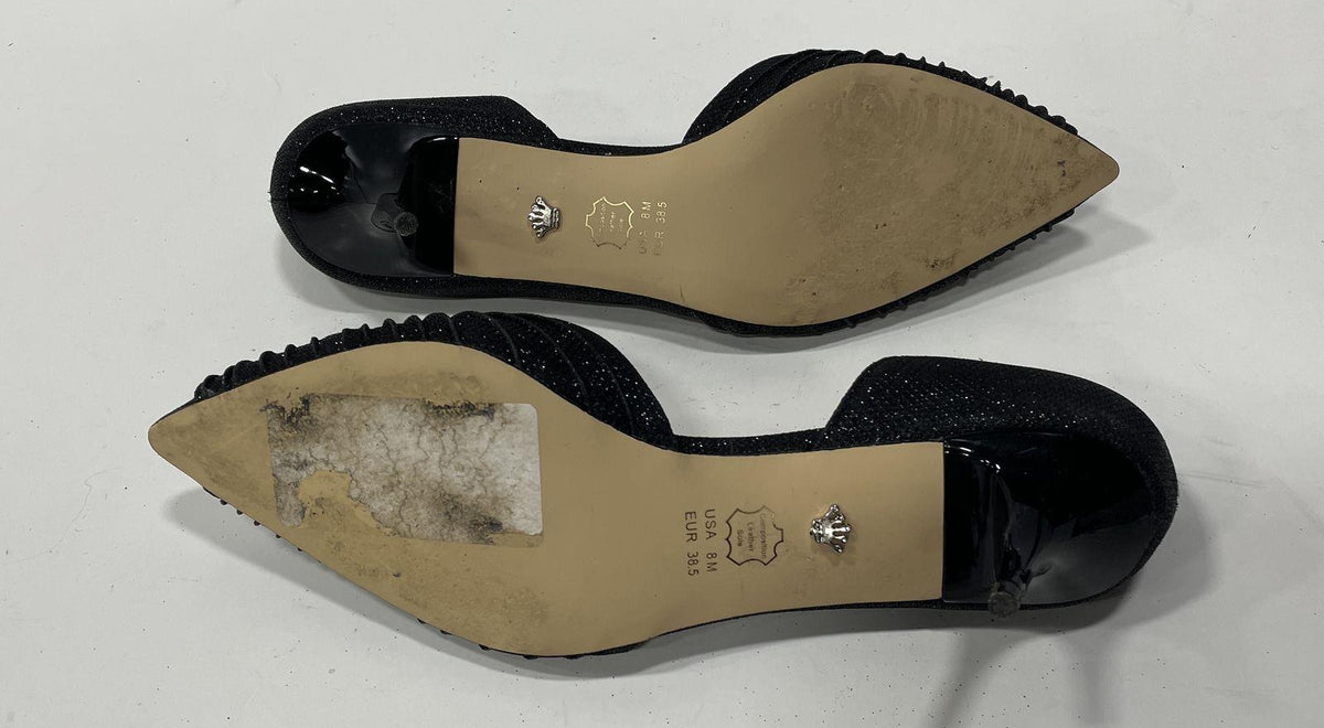 Black sparkle pointed-toe kitten heels with gathered vamp, view 2