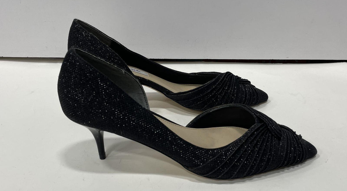 Black sparkle pointed-toe kitten heels with gathered vamp, view 3