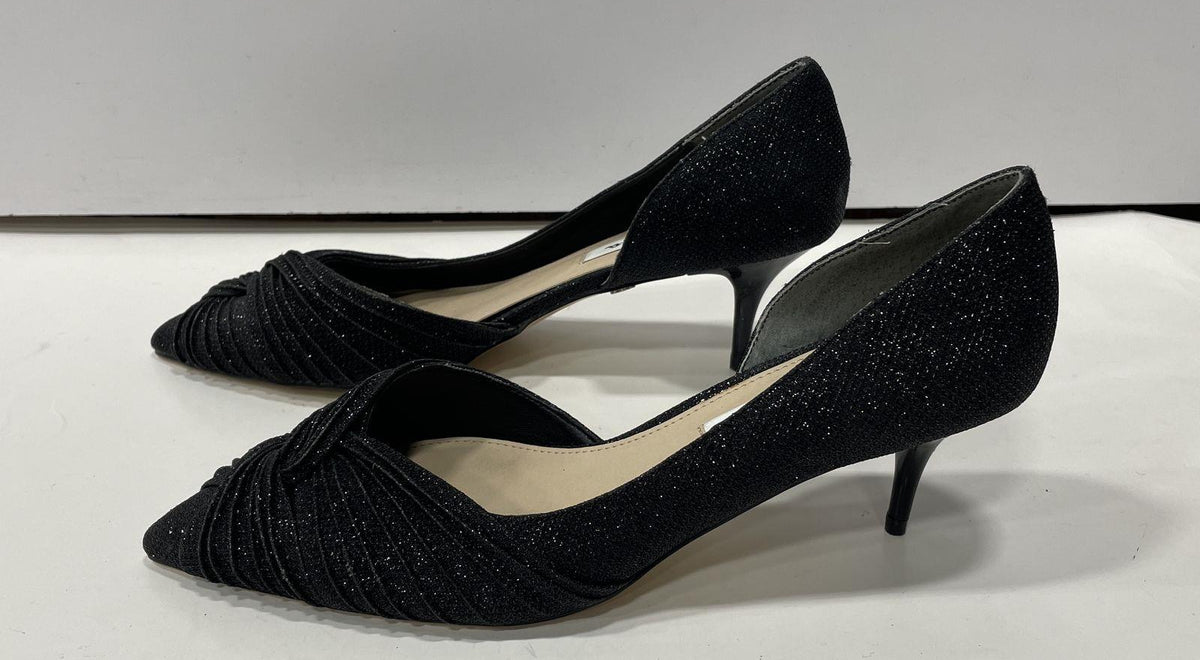 Black sparkle pointed-toe kitten heels with gathered vamp, view 5
