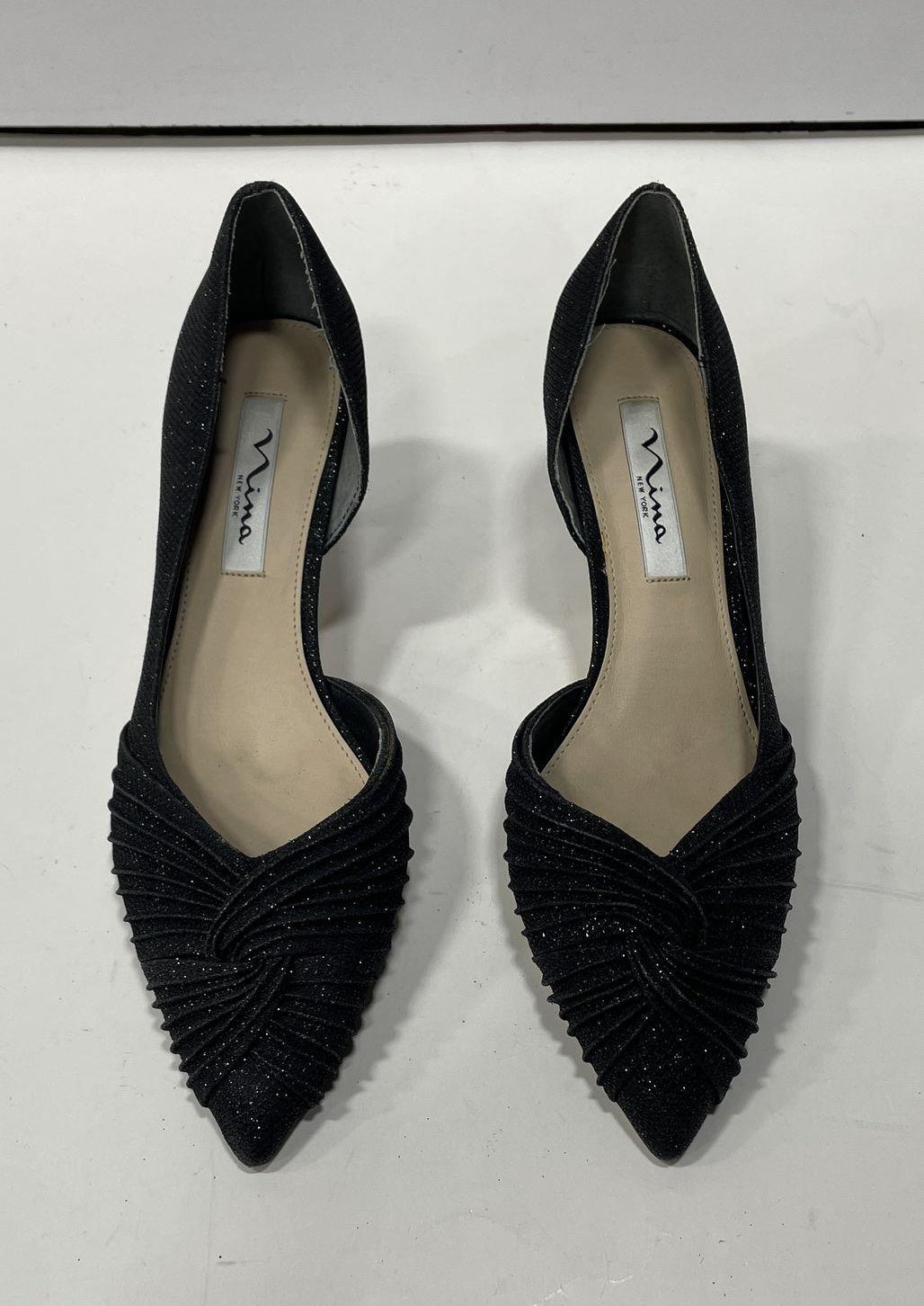 Black sparkle pointed-toe kitten heels with gathered vamp, view 6