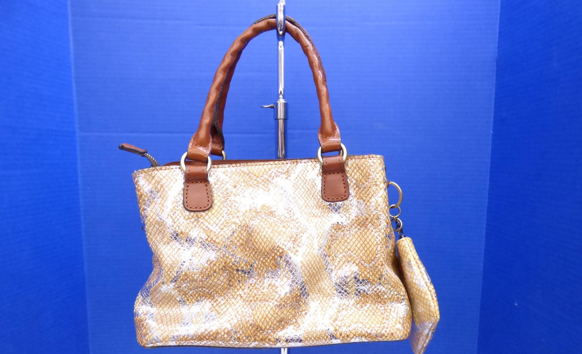 Patricia Nash gold and silver metallic snakeskin-print purse with brown trim and coin purse, view 2