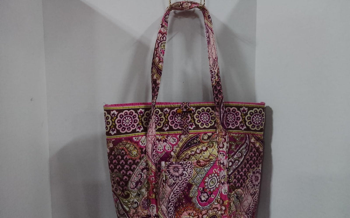 Pink paisley floral quilted fabric shoulder tote with long shoulder straps, view 5