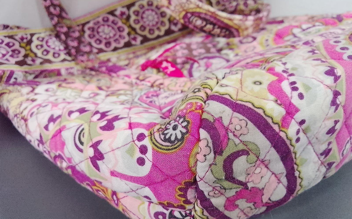 Pink paisley floral quilted fabric shoulder tote with long shoulder straps, view 3