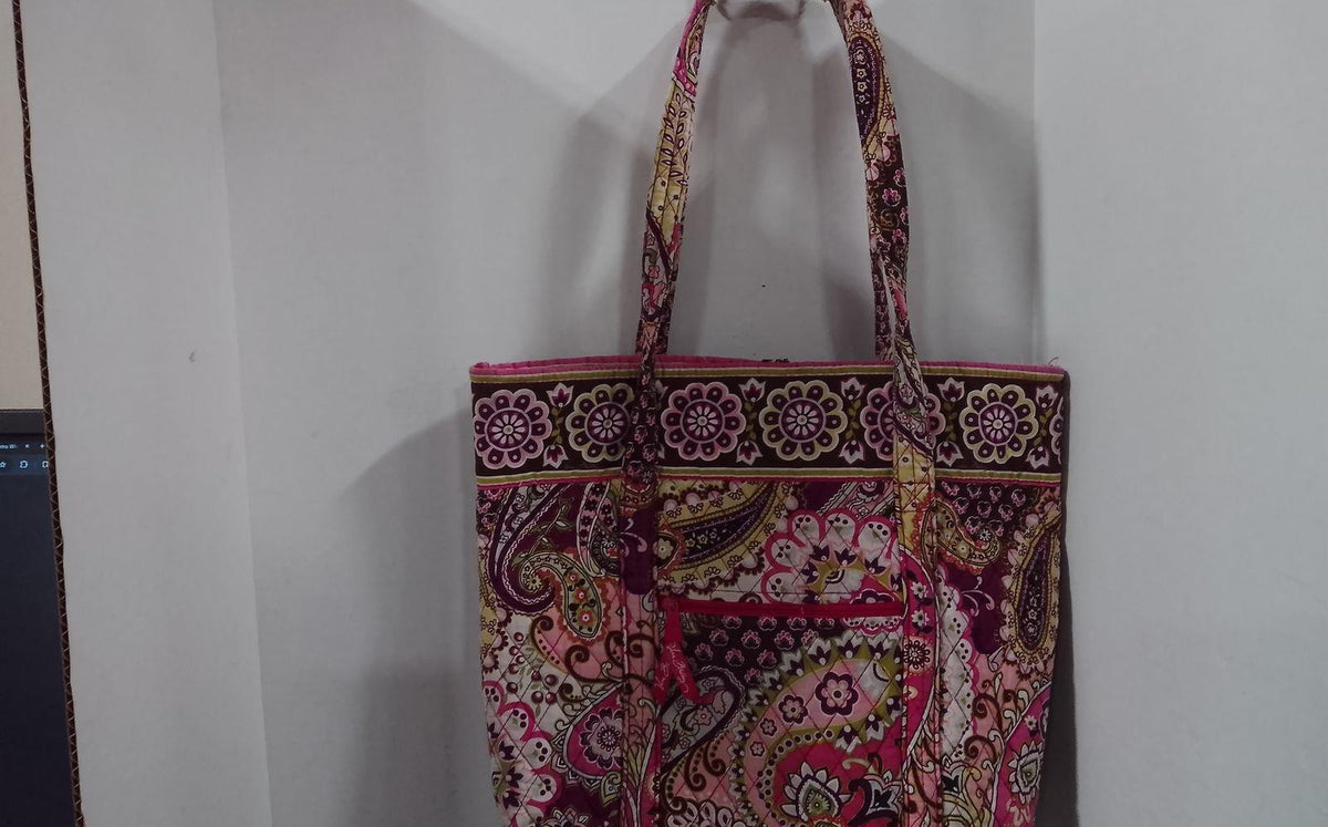 Pink paisley floral quilted fabric shoulder tote with long shoulder straps, view 4