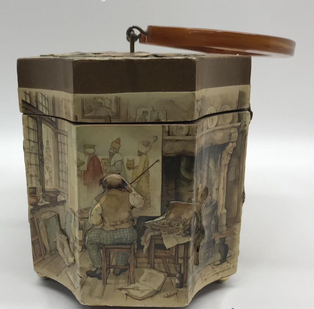 Hard-sided wooden box purse with decoupage storybook scenes and curved wood handle, view 4