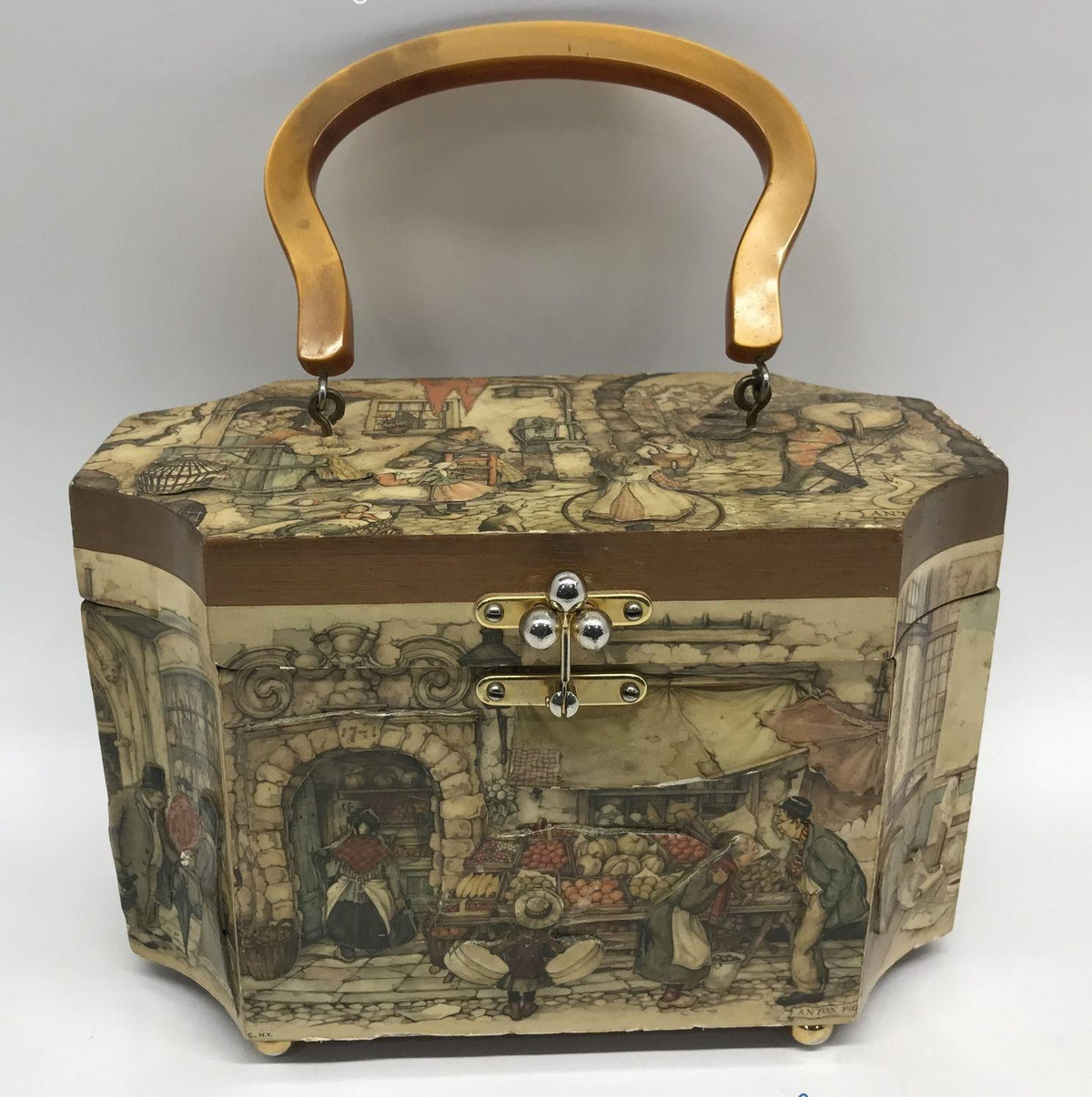 Hard-sided wooden box purse with decoupage storybook scenes and curved wood handle, view 6