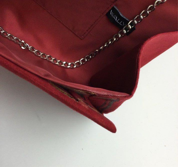 Red envelope clutch with flap front and long silver-tone chain shoulder strap, view 3