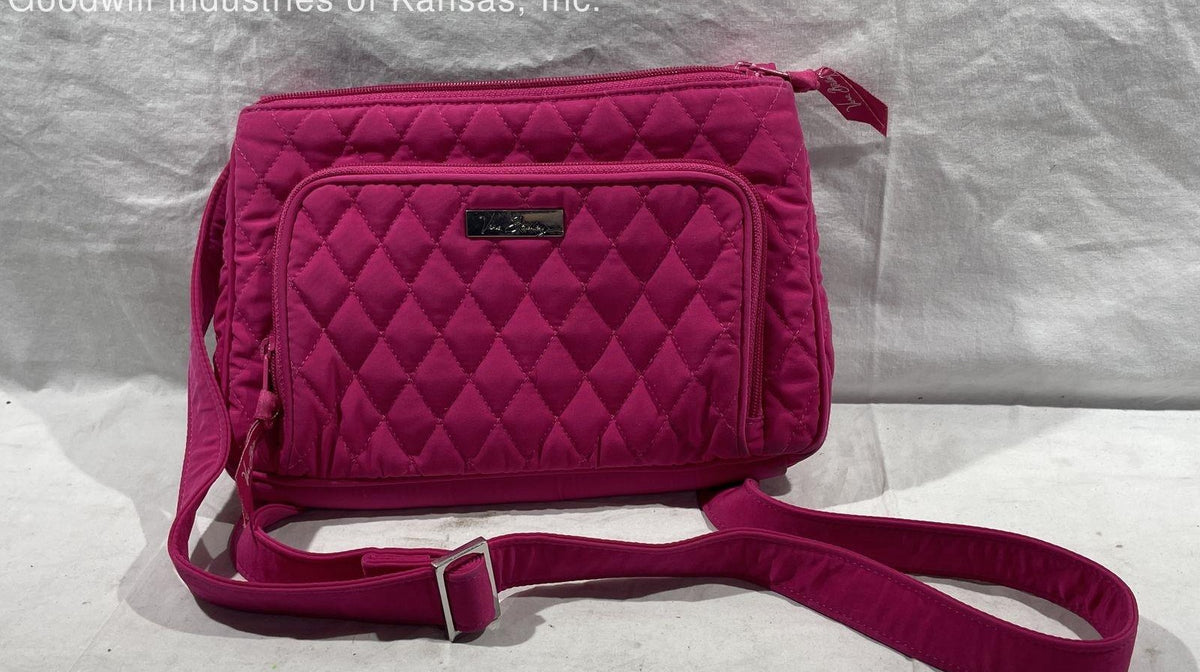 Vera Bradley hot pink quilted crossbody bag with front logo plate and adjustable strap, view 2