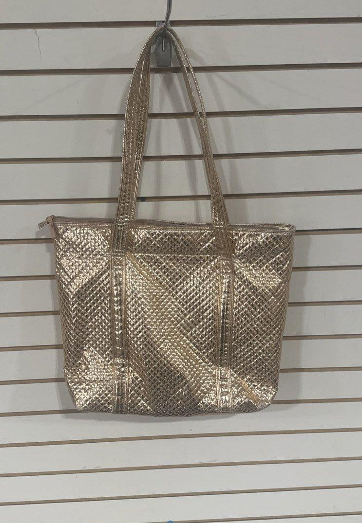 Rose gold metallic large tote with front patch pockets and pink and black floral lining, view 2