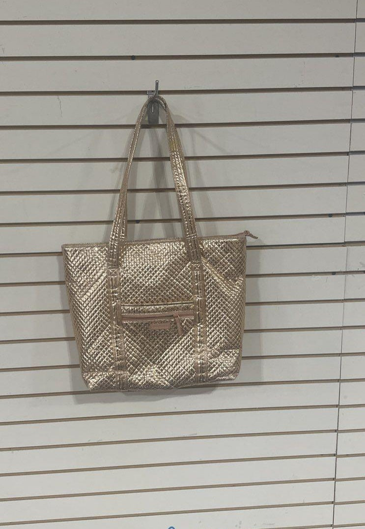 Rose gold metallic large tote with front patch pockets and pink and black floral lining, view 3