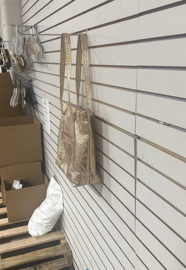 Rose gold metallic large tote with front patch pockets and pink and black floral lining, view 6