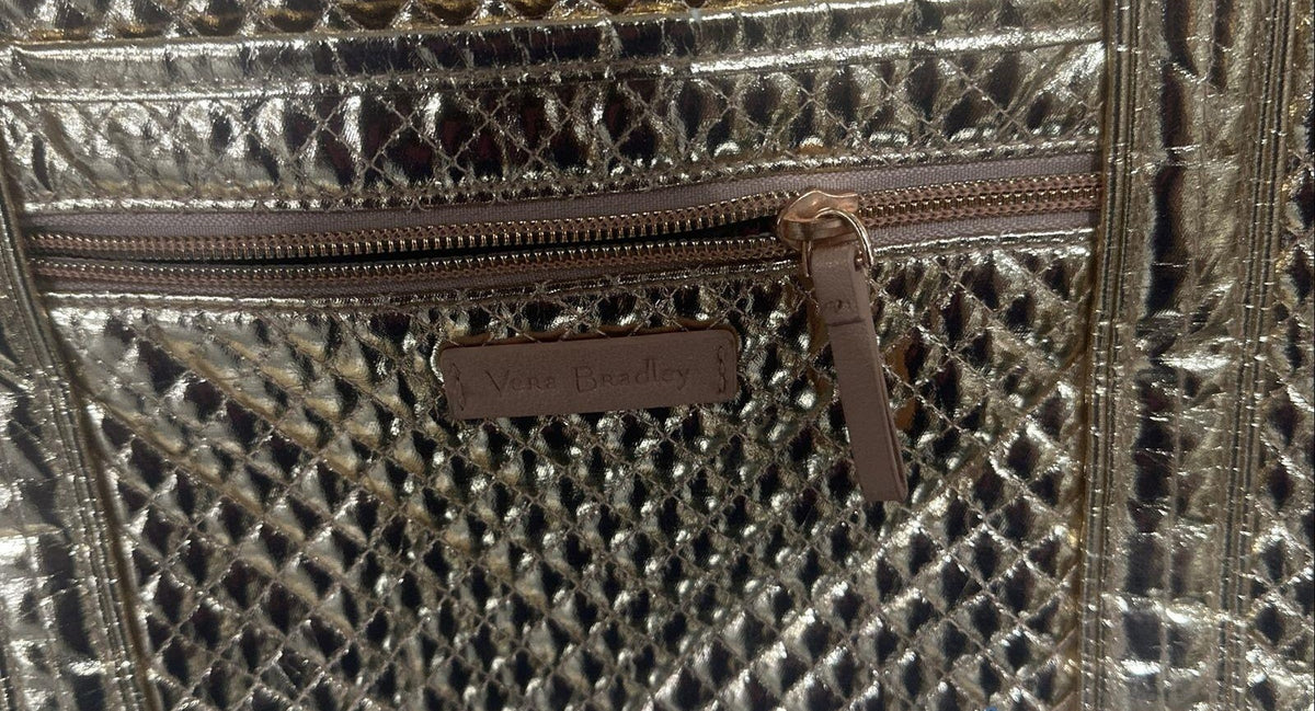 Rose gold metallic large tote with front patch pockets and pink and black floral lining, view 7