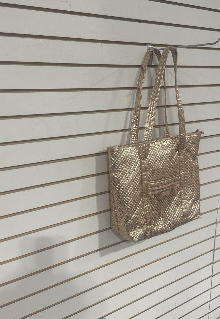 Rose gold metallic large tote with front patch pockets and pink and black floral lining, view 9