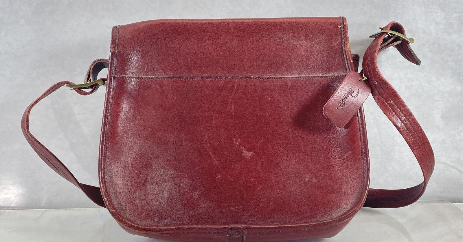 Vintage Borelli Maroon Leather Crossbody Shoulder Handbag Purse Pocketbook
