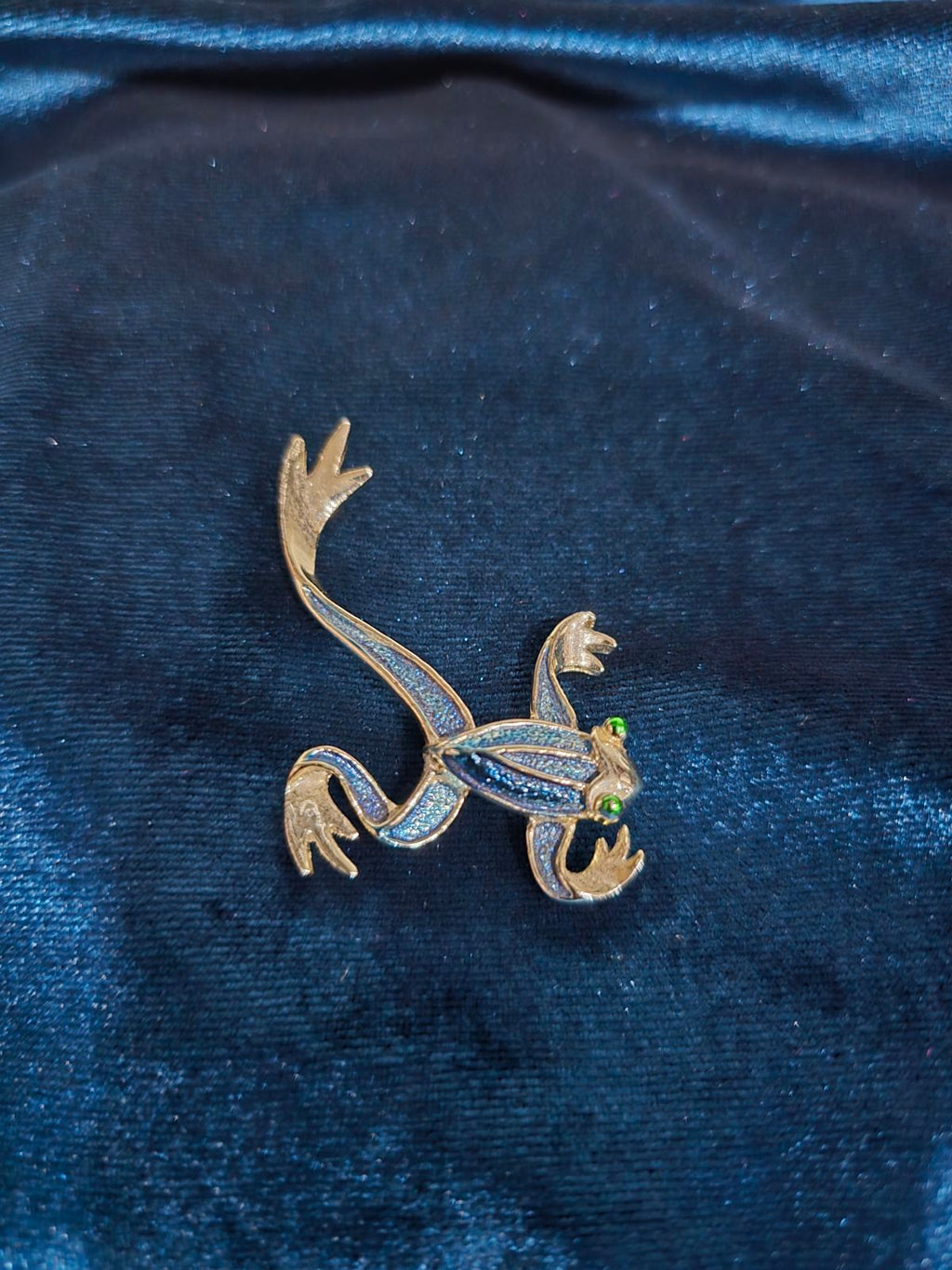 Blue Enamel Frog Brooch with Crystal Eyes Silver-Tone Whimsical Figural Pin
