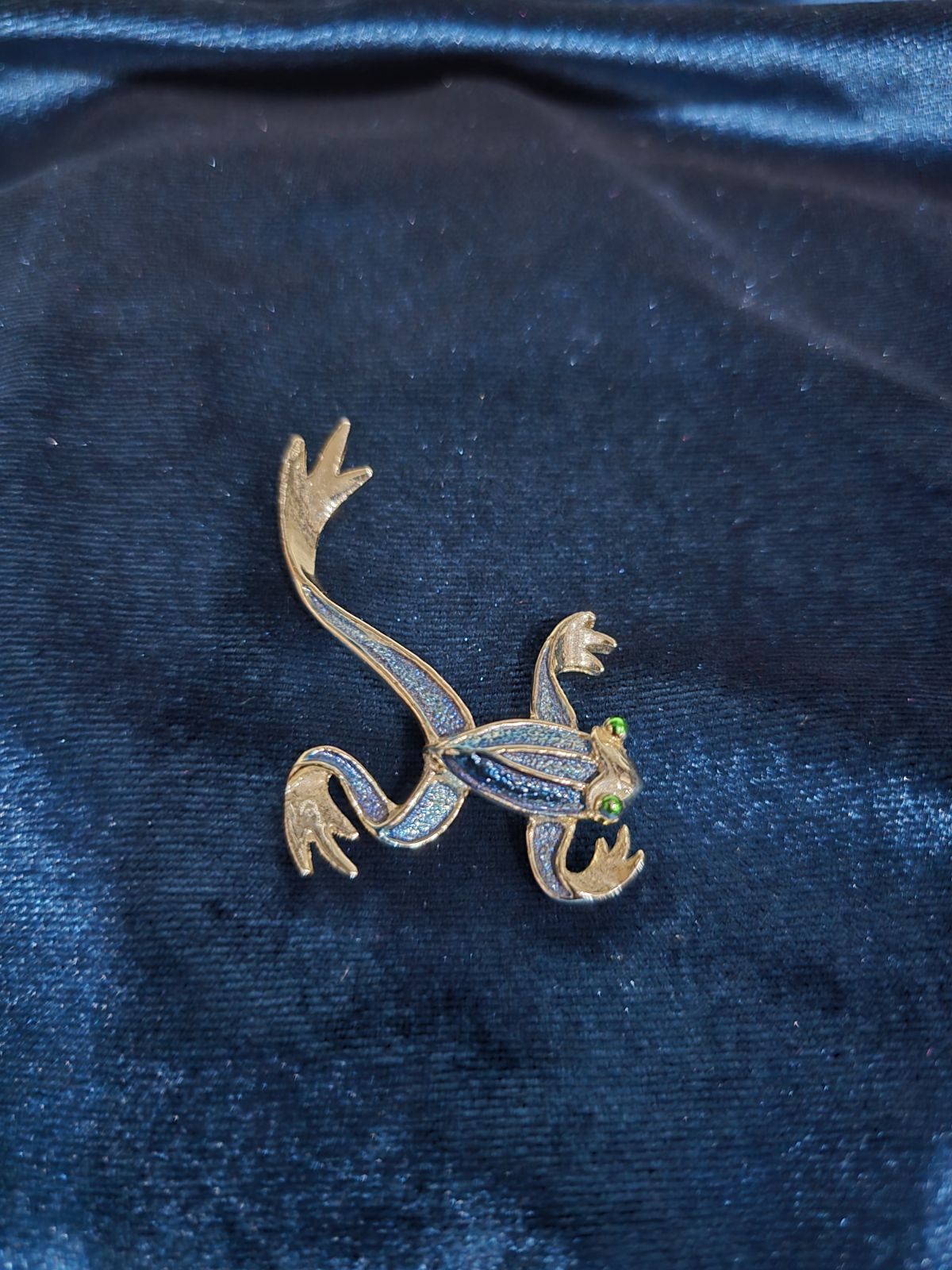 Silver-tone stylized frog brooch with blue enamel accents and green crystal eyes, view 2
