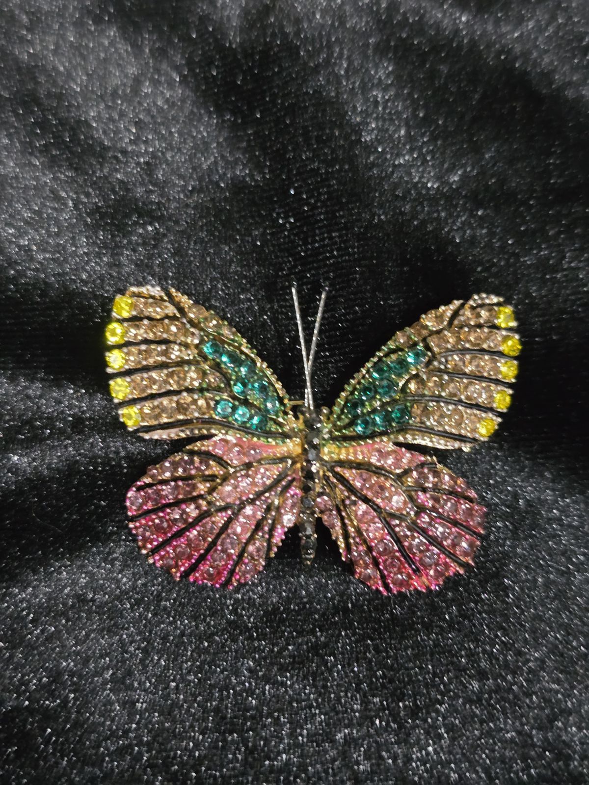 Gold-tone butterfly brooch with yellow, green and pink pavé rhinestones, view 2