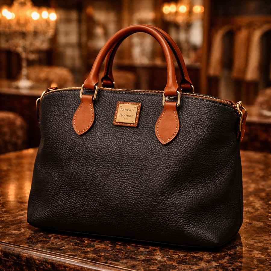 Dooney and Bourke black pebbled leather satchel with cognac brown trim
