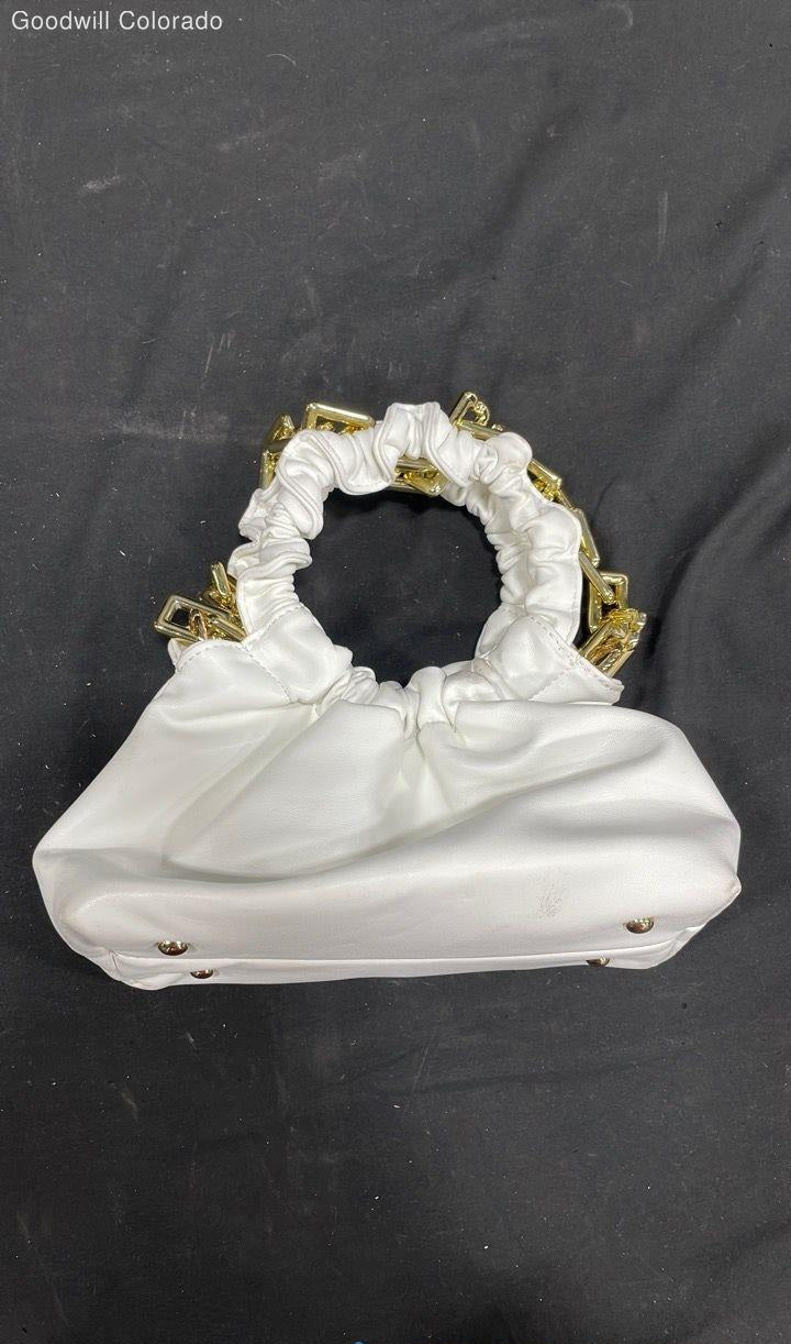 White ruched cloud clutch with pearl-style circular handle, view 2