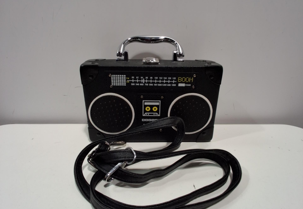 Retro Boombox Novelty Crossbody Bag | Black Radio Purse with Adjustable Strap