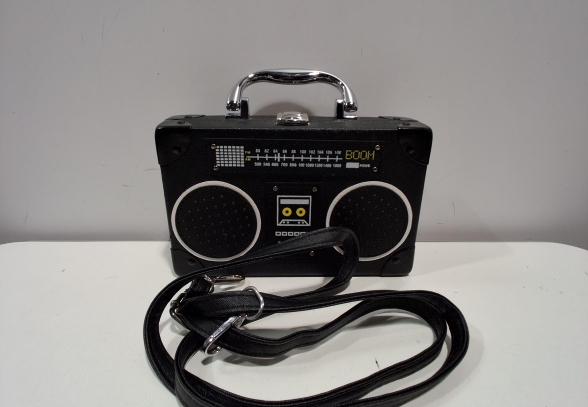 Black boombox radio novelty crossbody bag with white and yellow details, view 2