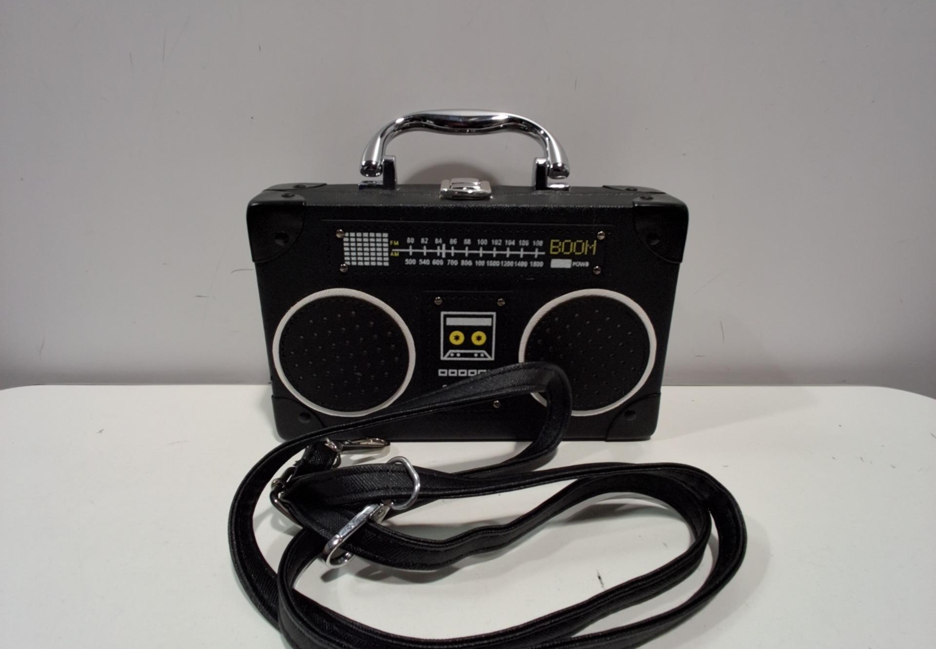 Retro Boombox Novelty Crossbody Bag | Black Radio Purse with Adjustable Strap
