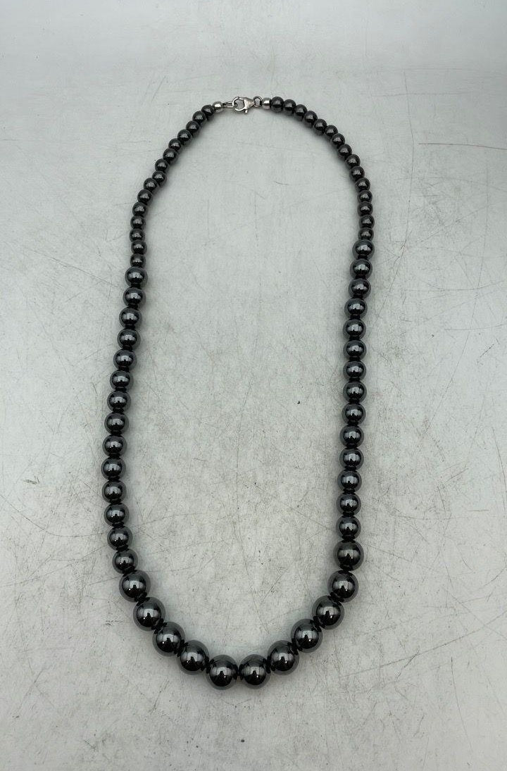 Graduated dark metallic bead necklace with silver spacers and lobster clasp, view 2