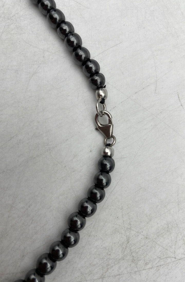 Graduated dark metallic bead necklace with silver spacers and lobster clasp, view 5