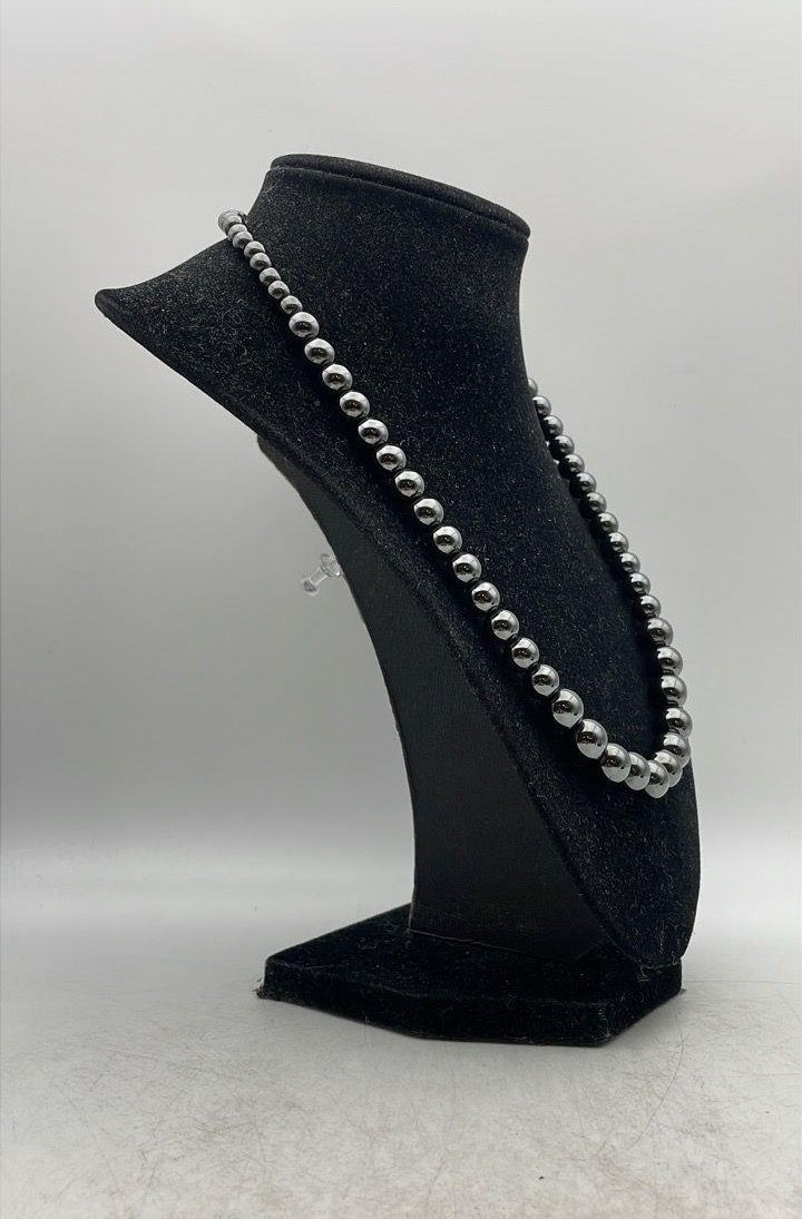 Graduated dark metallic bead necklace with silver spacers and lobster clasp, view 6