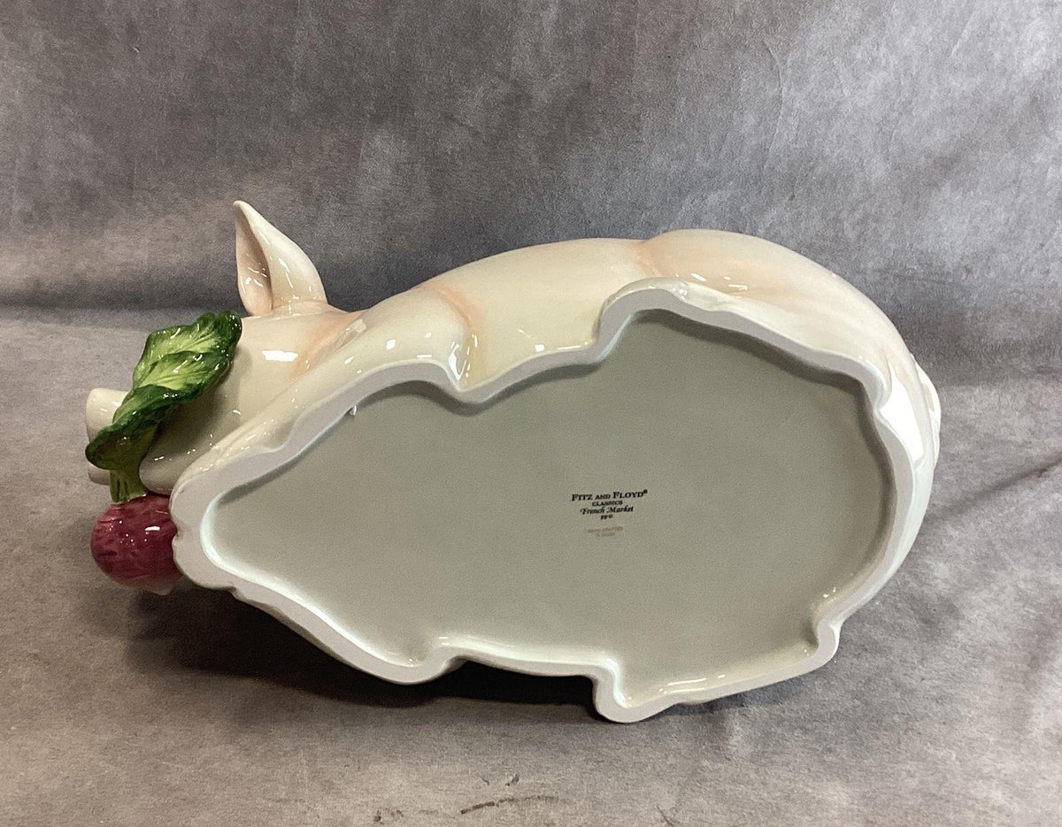 French Market ceramic pig covered soup tureen with platter, ladle and box, view 2