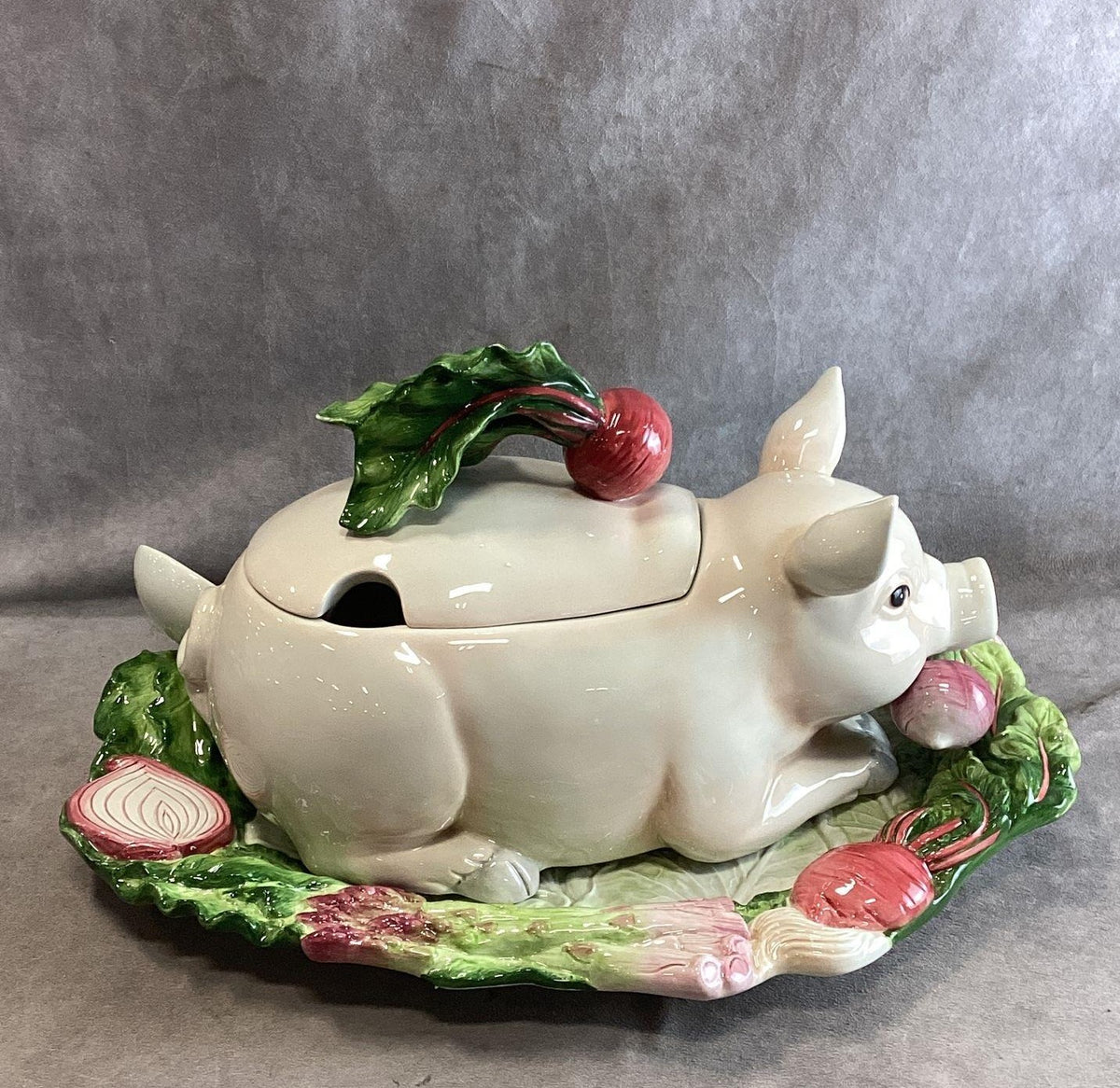 French Market ceramic pig covered soup tureen with platter, ladle and box, view 3