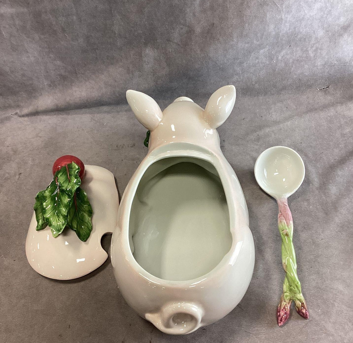 French Market ceramic pig covered soup tureen with platter, ladle and box, view 5