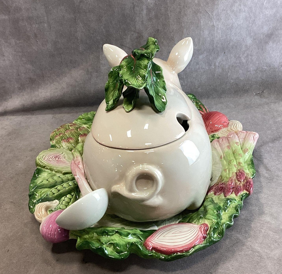 French Market ceramic pig covered soup tureen with platter, ladle and box, view 7