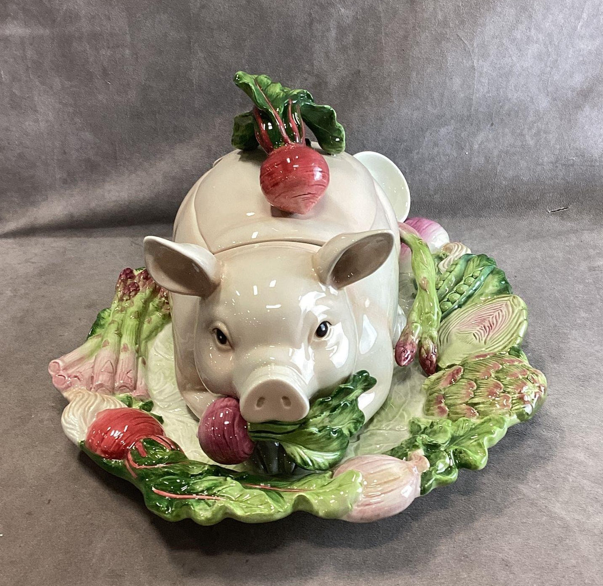 French Market ceramic pig covered soup tureen with platter, ladle and box, view 9