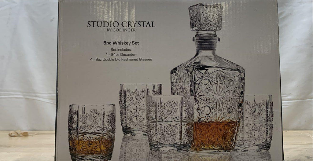 AGE REVIEW Godinger Studio Crystal Whiskey Set 5pc Decanter 4 DOF Glasses Sunburst Pattern