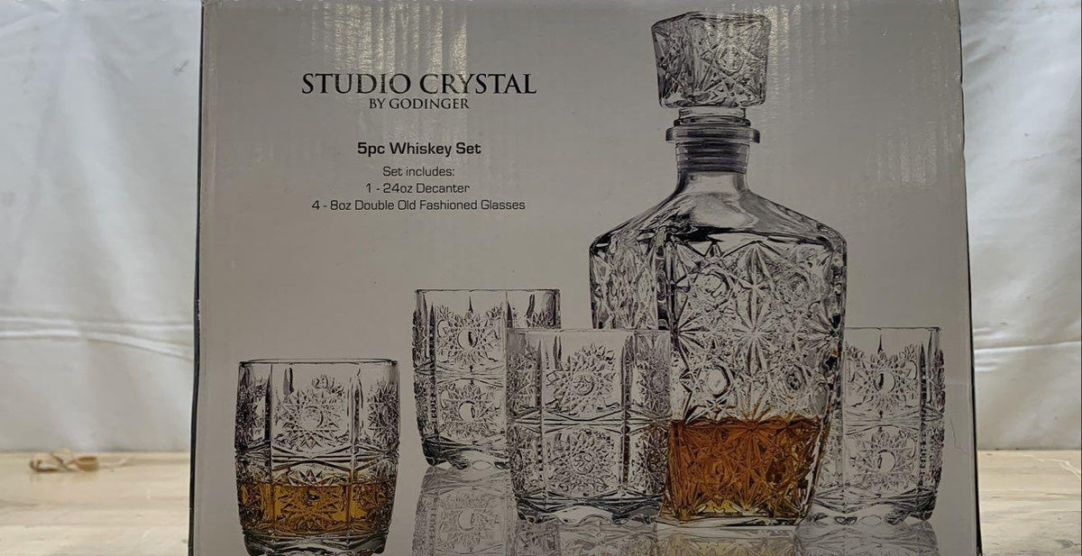 AGE REVIEW Godinger Studio Crystal Whiskey Set 5pc Decanter 4 DOF Glasses Sunburst Pattern