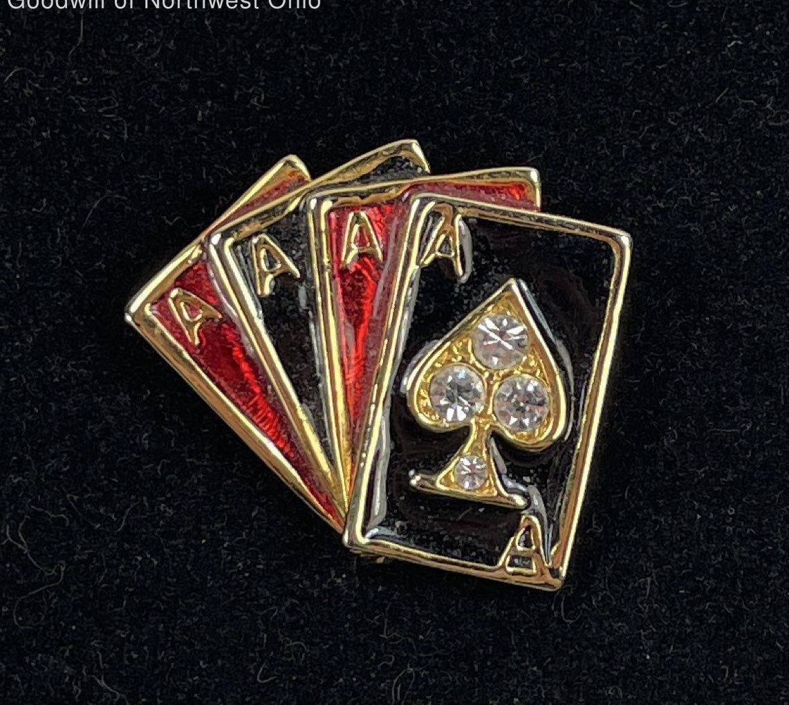 AGE REVIEW Gold Tone Glass Gems Enamel 4-Of-A-Kind Ace Poker Cards Brooch